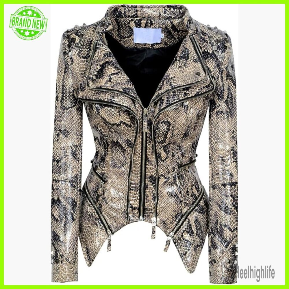 Slim Fit Faux Leather Moto Jacket with Studded Snake Print Design